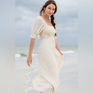 Altar'd State Cream Midi Smocked Puff-Sleeve Dress
